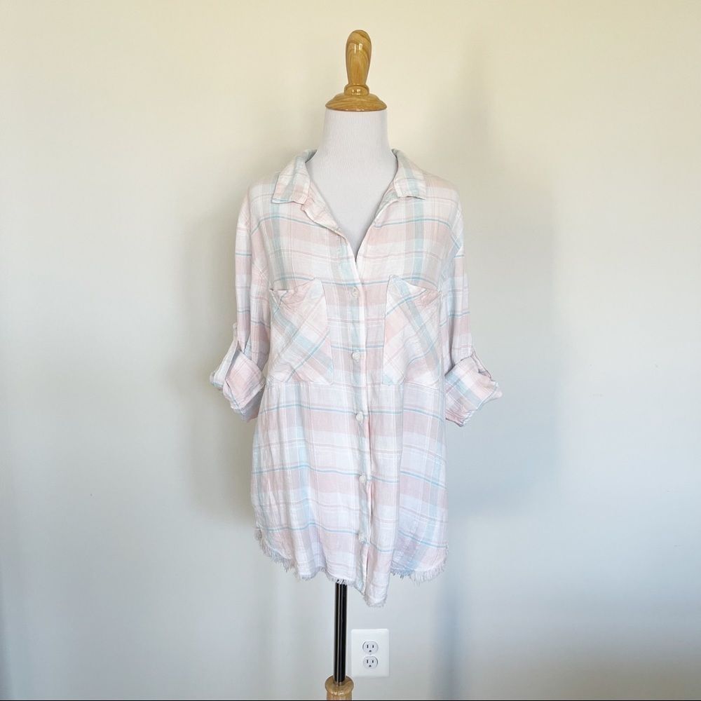 cloth & stone pink plaid button down with roll sleeves